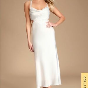 Lulu’s Stun to Remember White Satin Cowl Neck Cutout Midi Dress